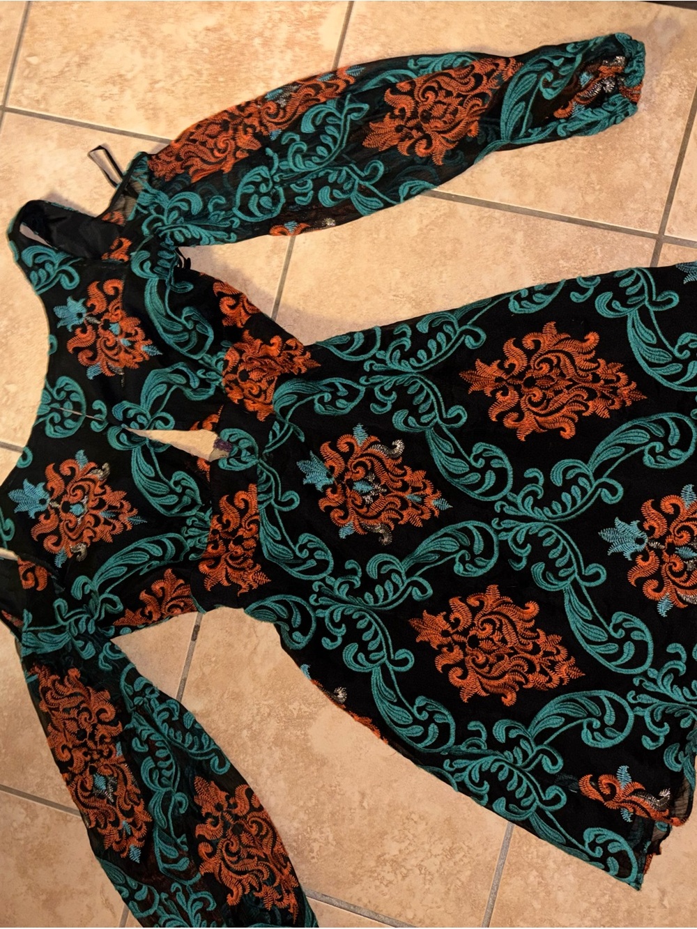 Free People Black Midi Dress with Teal and Rust Orange Scroll Print